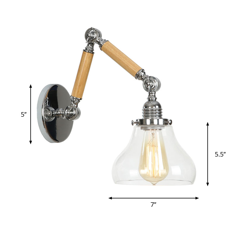 Sikunuo | Brown-Silver 1-Bulb Reading Wall Light Loft Clear Glass Bulb/Plate/Bell Shade Wall Lighting with Wood 2-Joint Adjustable Arm