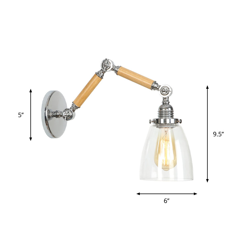 Sikunuo | Brown-Silver 1-Bulb Reading Wall Light Loft Clear Glass Bulb/Plate/Bell Shade Wall Lighting with Wood 2-Joint Adjustable Arm