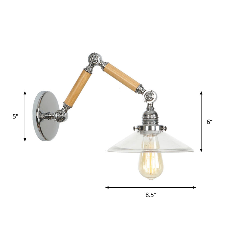 Sikunuo | Brown-Silver 1-Bulb Reading Wall Light Loft Clear Glass Bulb/Plate/Bell Shade Wall Lighting with Wood 2-Joint Adjustable Arm
