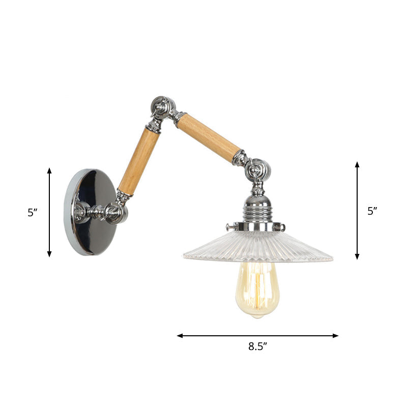 Sikunuo | Brown-Silver 1-Bulb Reading Wall Light Loft Clear Glass Bulb/Plate/Bell Shade Wall Lighting with Wood 2-Joint Adjustable Arm
