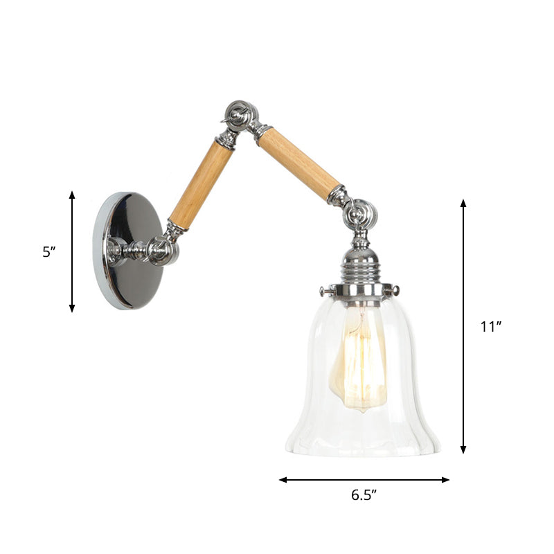 Sikunuo | Brown-Silver 1-Bulb Reading Wall Light Loft Clear Glass Bulb/Plate/Bell Shade Wall Lighting with Wood 2-Joint Adjustable Arm
