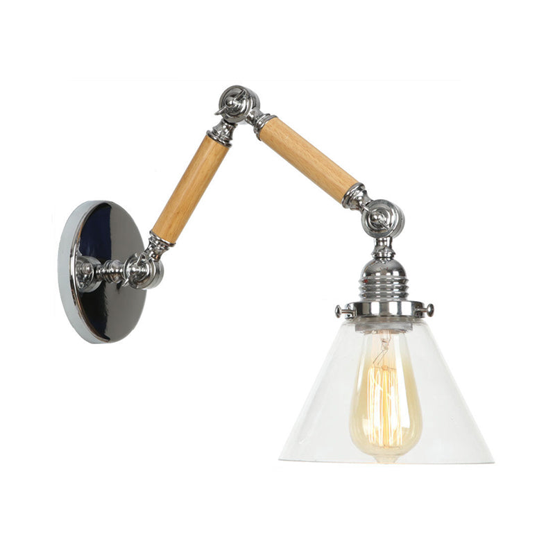 Sikunuo | Brown-Silver 1-Bulb Reading Wall Light Loft Clear Glass Bulb/Plate/Bell Shade Wall Lighting with Wood 2-Joint Adjustable Arm