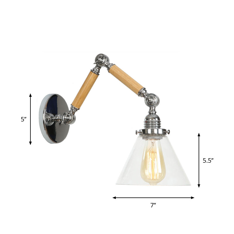 Sikunuo | Brown-Silver 1-Bulb Reading Wall Light Loft Clear Glass Bulb/Plate/Bell Shade Wall Lighting with Wood 2-Joint Adjustable Arm