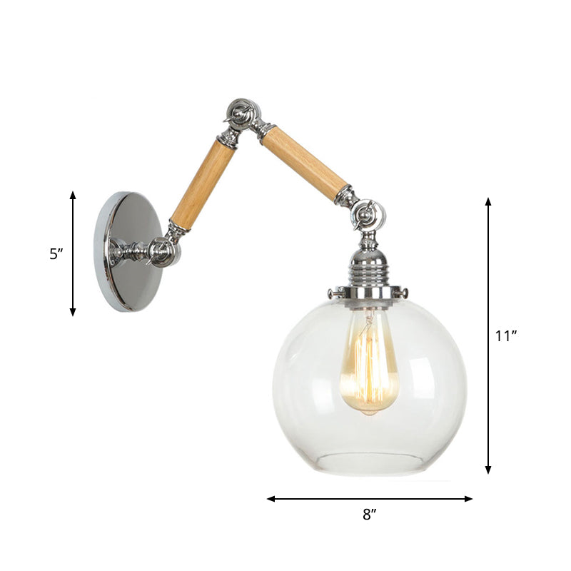 Sikunuo | Brown-Silver 1-Bulb Reading Wall Light Loft Clear Glass Bulb/Plate/Bell Shade Wall Lighting with Wood 2-Joint Adjustable Arm