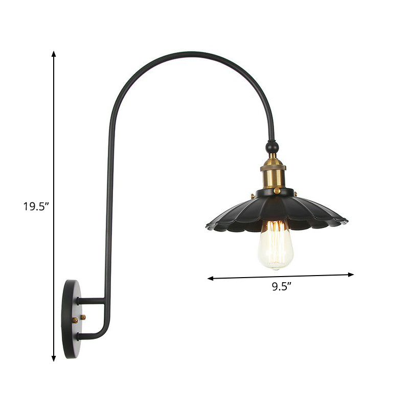 Sikunuo | Iron Barn/Bowl/Wave Cut Wall Light Kit Vintage 1 Bulb Nightstand Reading Wall Lamp with Curved Arm in Black