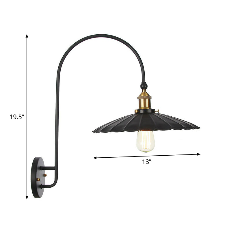Sikunuo | Iron Barn/Bowl/Wave Cut Wall Light Kit Vintage 1 Bulb Nightstand Reading Wall Lamp with Curved Arm in Black