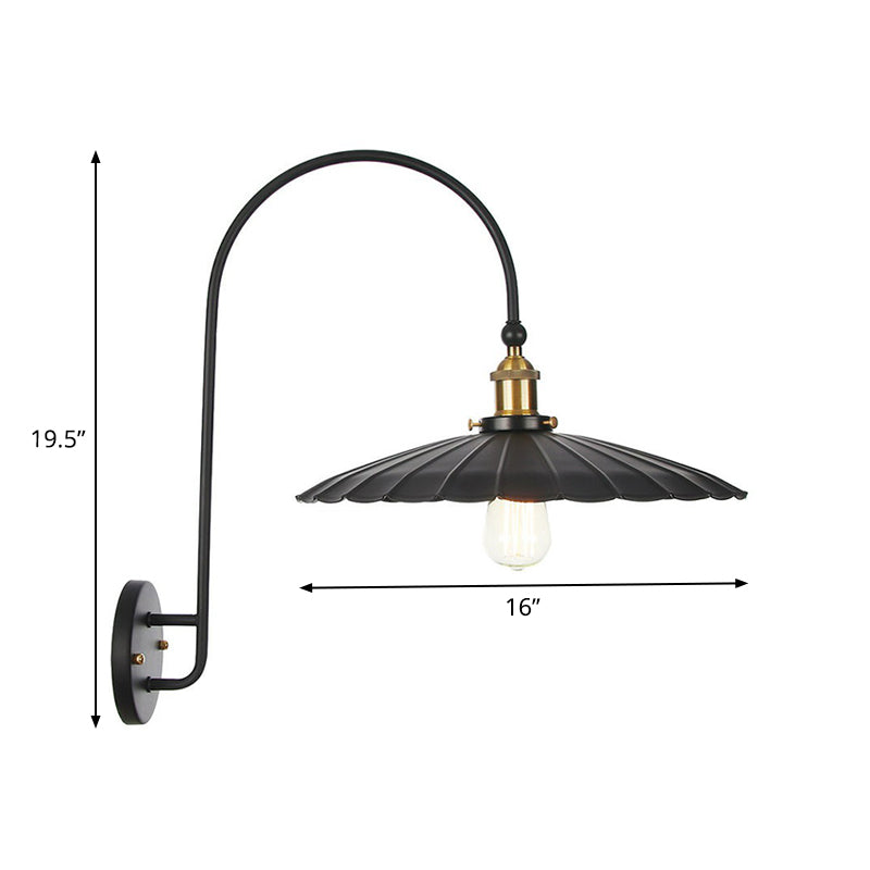 Sikunuo | Iron Barn/Bowl/Wave Cut Wall Light Kit Vintage 1 Bulb Nightstand Reading Wall Lamp with Curved Arm in Black