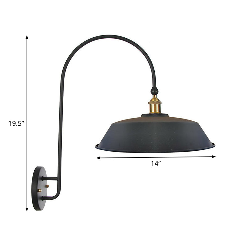 Sikunuo | Iron Barn/Bowl/Wave Cut Wall Light Kit Vintage 1 Bulb Nightstand Reading Wall Lamp with Curved Arm in Black