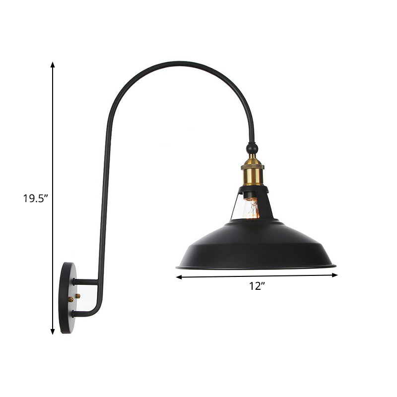 Sikunuo | Iron Barn/Bowl/Wave Cut Wall Light Kit Vintage 1 Bulb Nightstand Reading Wall Lamp with Curved Arm in Black