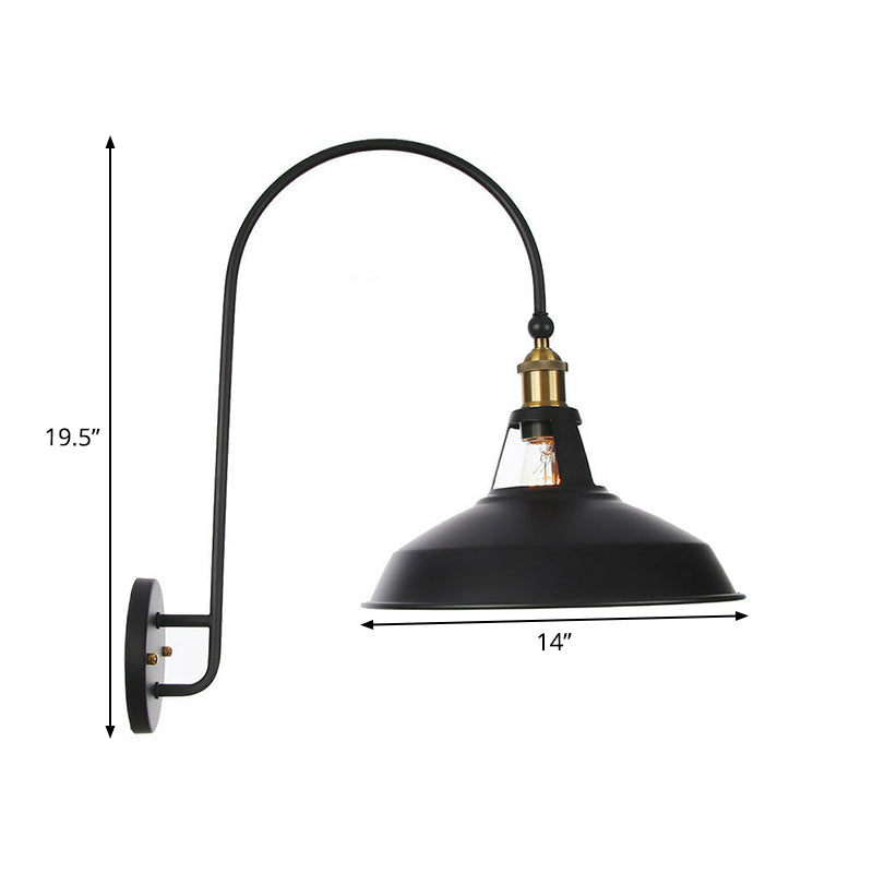 Sikunuo | Iron Barn/Bowl/Wave Cut Wall Light Kit Vintage 1 Bulb Nightstand Reading Wall Lamp with Curved Arm in Black