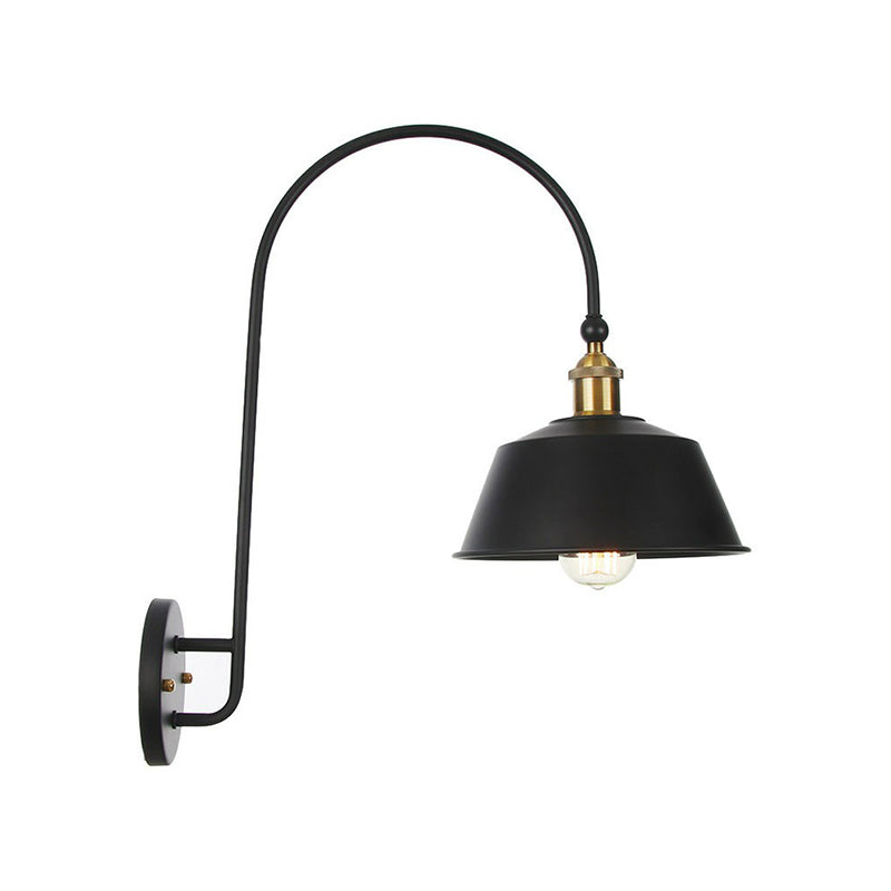 Sikunuo | Iron Barn/Bowl/Wave Cut Wall Light Kit Vintage 1 Bulb Nightstand Reading Wall Lamp with Curved Arm in Black