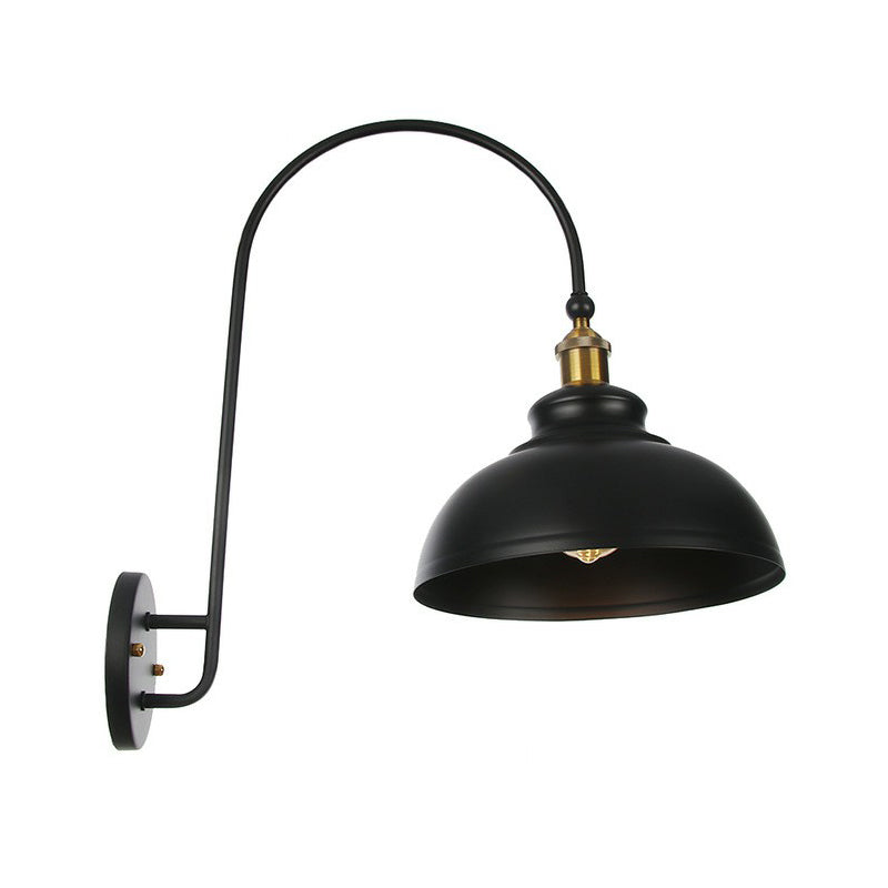 Sikunuo | Iron Barn/Bowl/Wave Cut Wall Light Kit Vintage 1 Bulb Nightstand Reading Wall Lamp with Curved Arm in Black