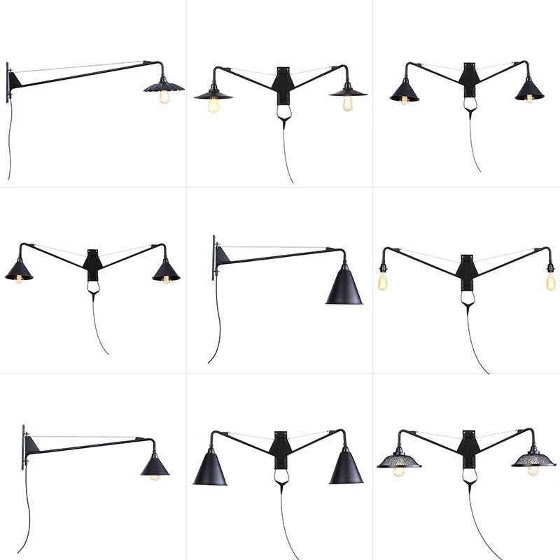 Sikunuo | Industrial Scalloped/Exposed Wall Lamp 1/2-Light Iron Plug-in Wall Mounted Lighting with Long Swing Arm in Black