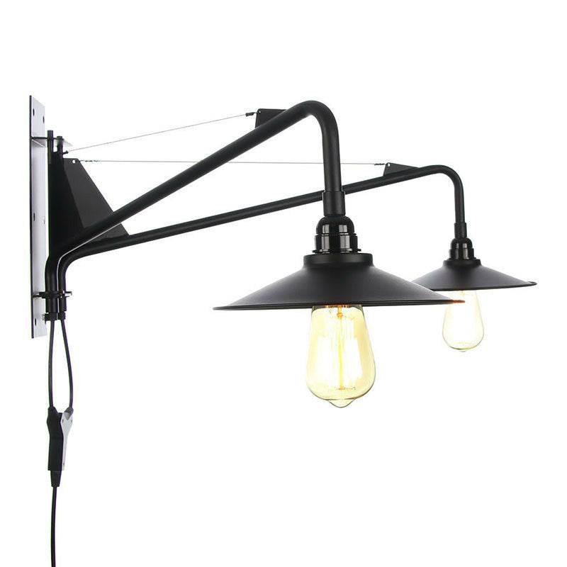 Sikunuo | Industrial Scalloped/Exposed Wall Lamp 1/2-Light Iron Plug-in Wall Mounted Lighting with Long Swing Arm in Black