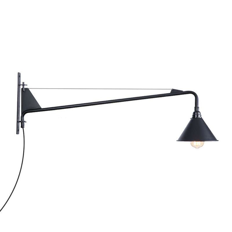 Sikunuo | Industrial Scalloped/Exposed Wall Lamp 1/2-Light Iron Plug-in Wall Mounted Lighting with Long Swing Arm in Black