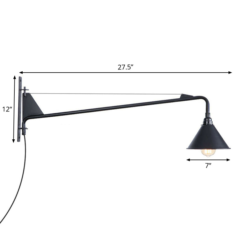 Sikunuo | Industrial Scalloped/Exposed Wall Lamp 1/2-Light Iron Plug-in Wall Mounted Lighting with Long Swing Arm in Black