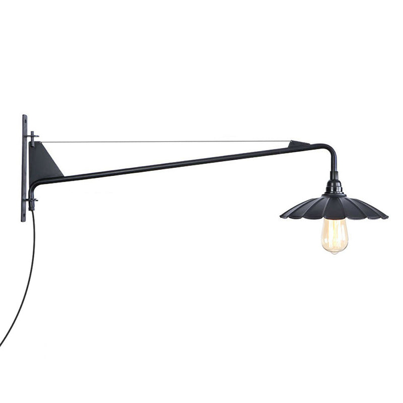 Sikunuo | Industrial Scalloped/Exposed Wall Lamp 1/2-Light Iron Plug-in Wall Mounted Lighting with Long Swing Arm in Black