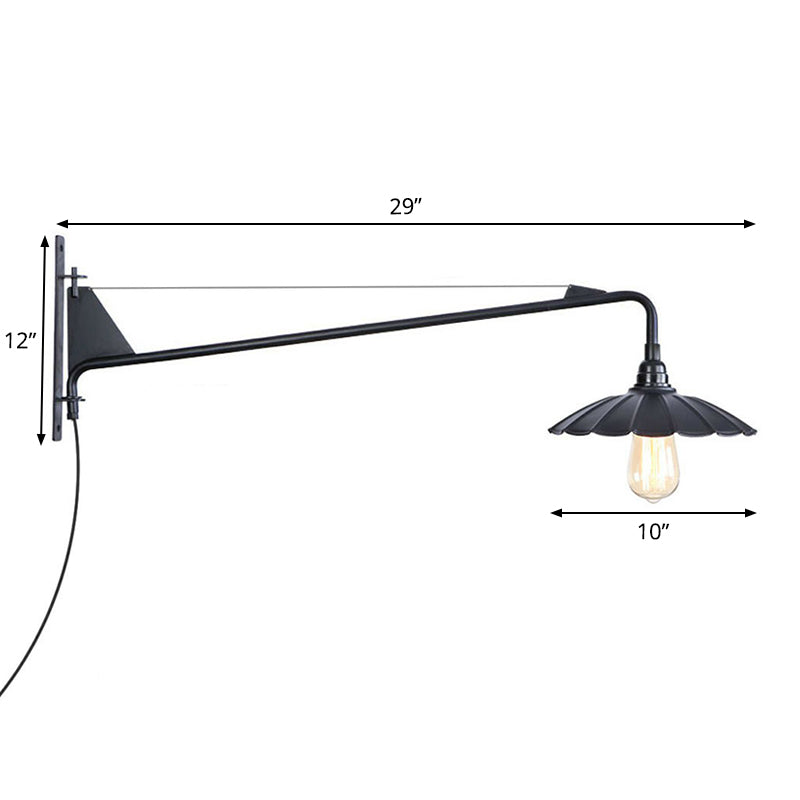 Sikunuo | Industrial Scalloped/Exposed Wall Lamp 1/2-Light Iron Plug-in Wall Mounted Lighting with Long Swing Arm in Black