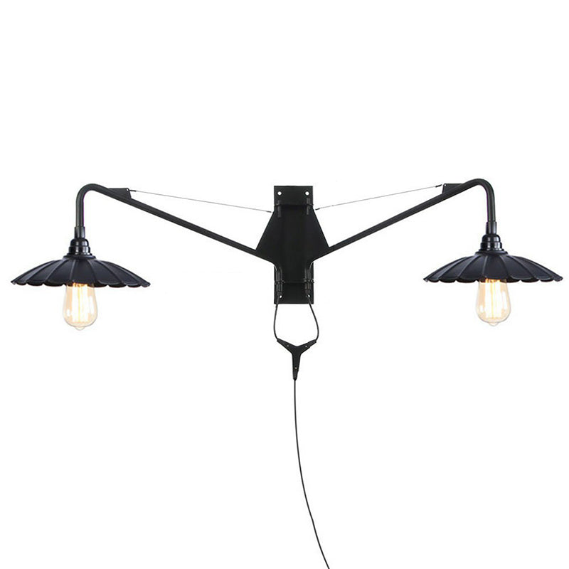Sikunuo | Industrial Scalloped/Exposed Wall Lamp 1/2-Light Iron Plug-in Wall Mounted Lighting with Long Swing Arm in Black