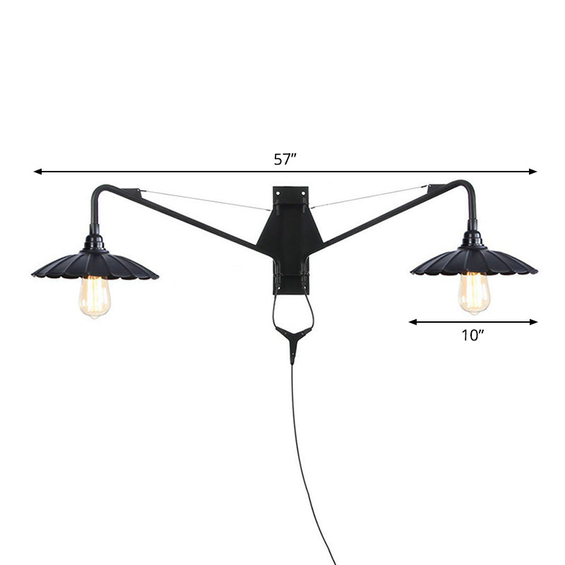 Sikunuo | Industrial Scalloped/Exposed Wall Lamp 1/2-Light Iron Plug-in Wall Mounted Lighting with Long Swing Arm in Black