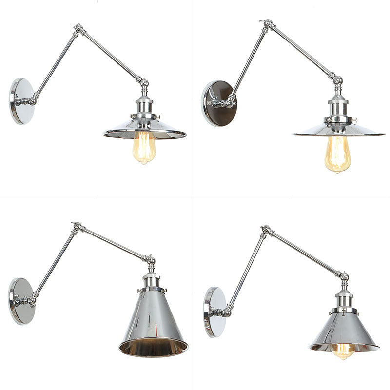 Sikunuo | Saucer/Cone/Horn Nightstand Reading Wall Lamp Factory Metal Single 6"/8" W Chrome Wall-Mounted Light Fixture with Rotatable Arm