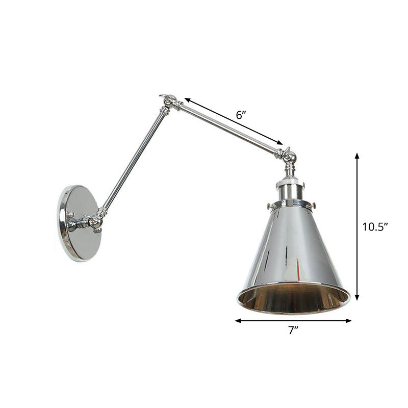 Sikunuo | Saucer/Cone/Horn Nightstand Reading Wall Lamp Factory Metal Single 6"/8" W Chrome Wall-Mounted Light Fixture with Rotatable Arm