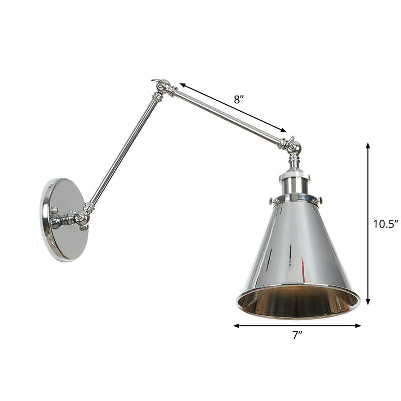 Sikunuo | Saucer/Cone/Horn Nightstand Reading Wall Lamp Factory Metal Single 6"/8" W Chrome Wall-Mounted Light Fixture with Rotatable Arm