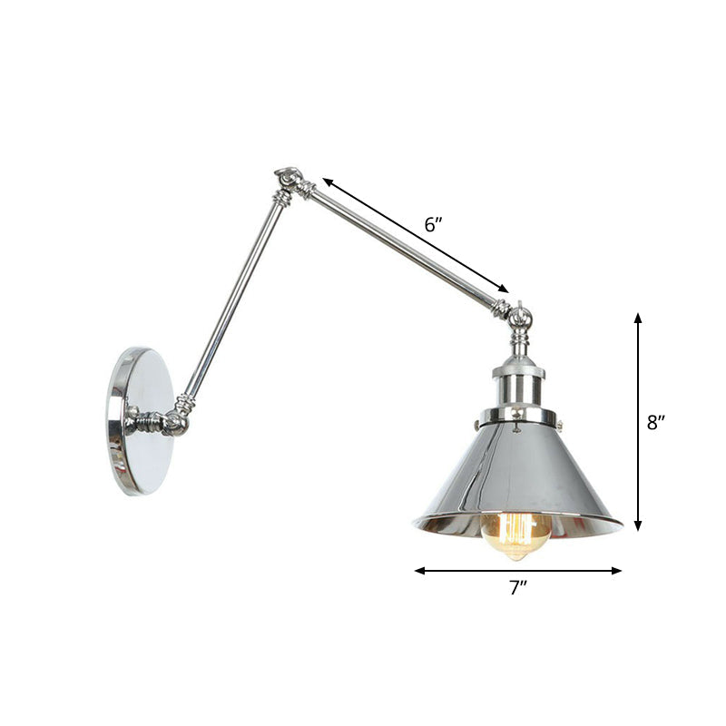 Sikunuo | Saucer/Cone/Horn Nightstand Reading Wall Lamp Factory Metal Single 6"/8" W Chrome Wall-Mounted Light Fixture with Rotatable Arm