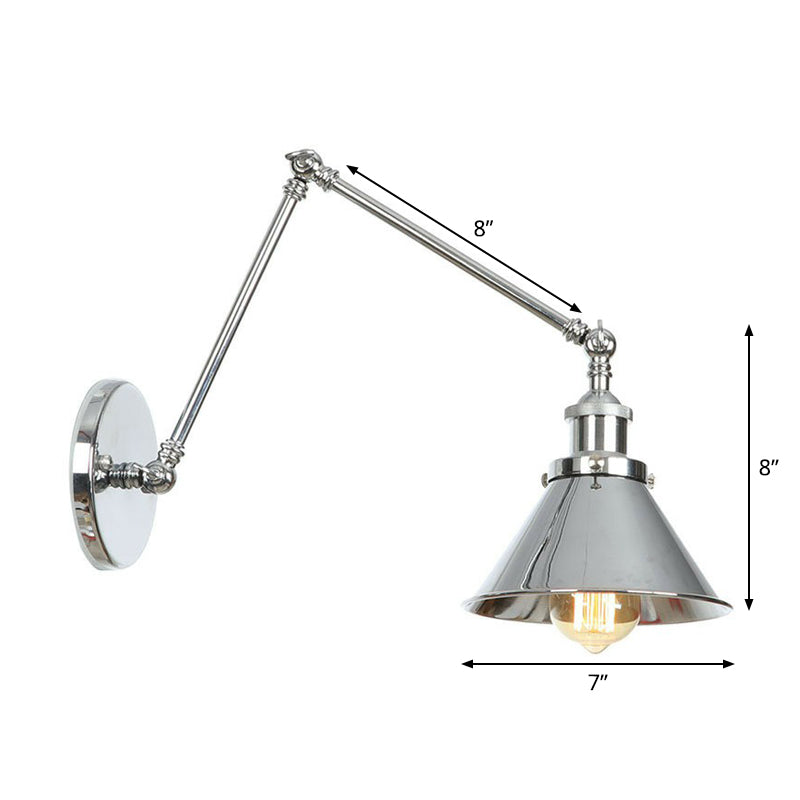 Sikunuo | Saucer/Cone/Horn Nightstand Reading Wall Lamp Factory Metal Single 6"/8" W Chrome Wall-Mounted Light Fixture with Rotatable Arm