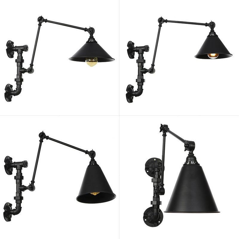 Sikunuo | Cone/Flared Living Room Wall Lamp Industrial Iron 1-Light Black Rotatable Wall Lighting with Water Pipe Mount