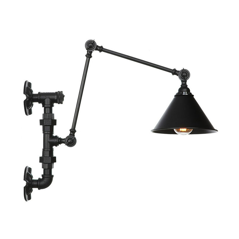 Sikunuo | Cone/Flared Living Room Wall Lamp Industrial Iron 1-Light Black Rotatable Wall Lighting with Water Pipe Mount
