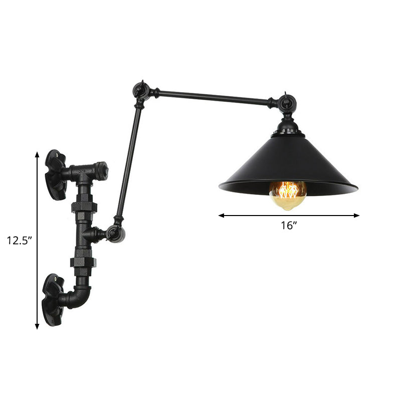 Sikunuo | Cone/Flared Living Room Wall Lamp Industrial Iron 1-Light Black Rotatable Wall Lighting with Water Pipe Mount