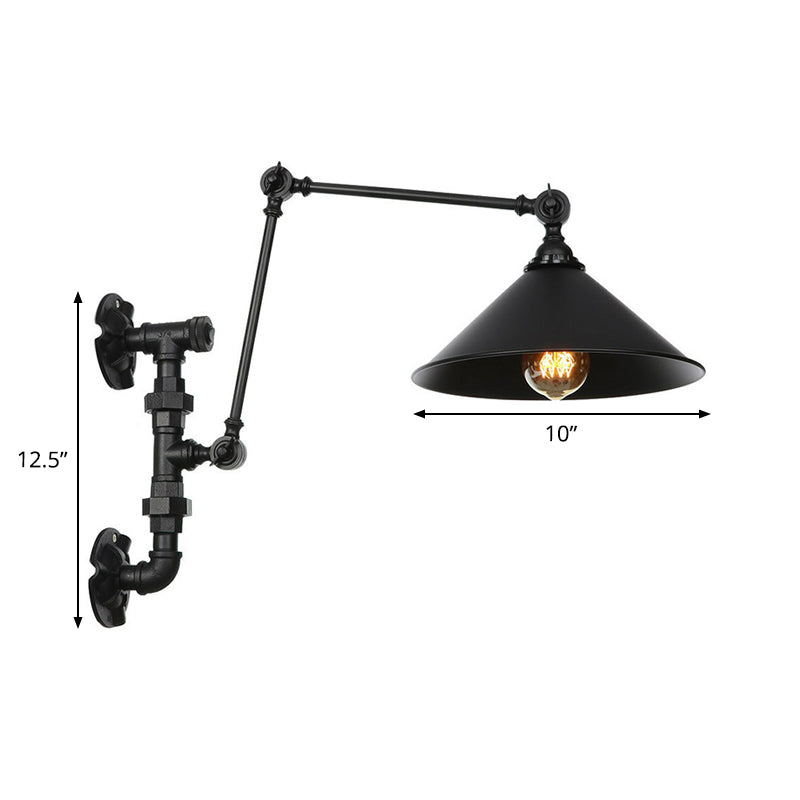 Sikunuo | Cone/Flared Living Room Wall Lamp Industrial Iron 1-Light Black Rotatable Wall Lighting with Water Pipe Mount