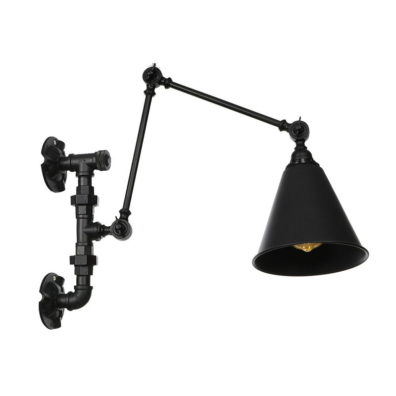 Sikunuo | Cone/Flared Living Room Wall Lamp Industrial Iron 1-Light Black Rotatable Wall Lighting with Water Pipe Mount
