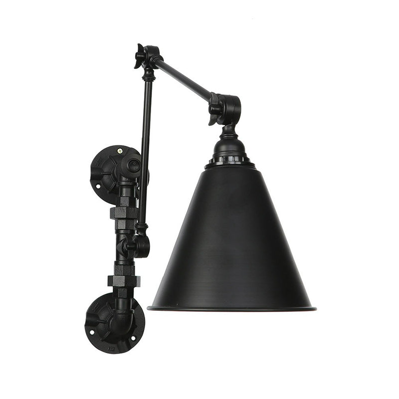 Sikunuo | Cone/Flared Living Room Wall Lamp Industrial Iron 1-Light Black Rotatable Wall Lighting with Water Pipe Mount