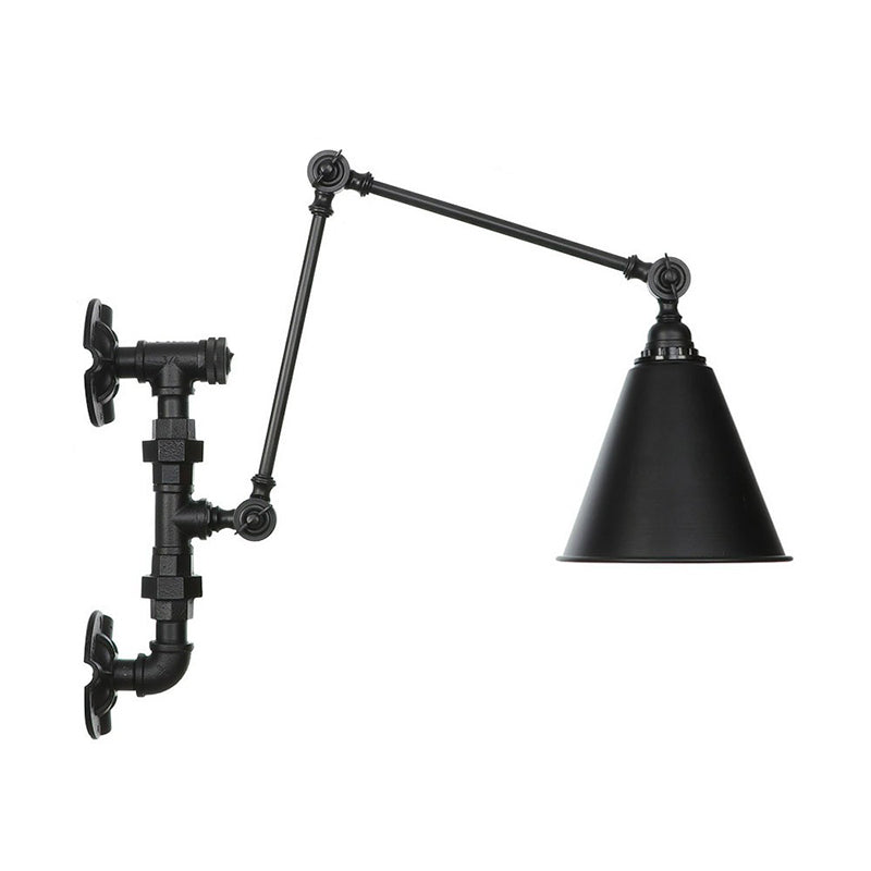 Sikunuo | Cone/Flared Living Room Wall Lamp Industrial Iron 1-Light Black Rotatable Wall Lighting with Water Pipe Mount