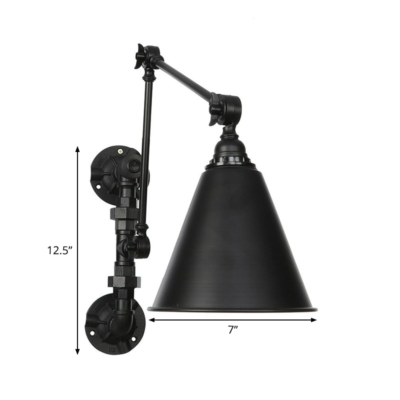 Sikunuo | Cone/Flared Living Room Wall Lamp Industrial Iron 1-Light Black Rotatable Wall Lighting with Water Pipe Mount