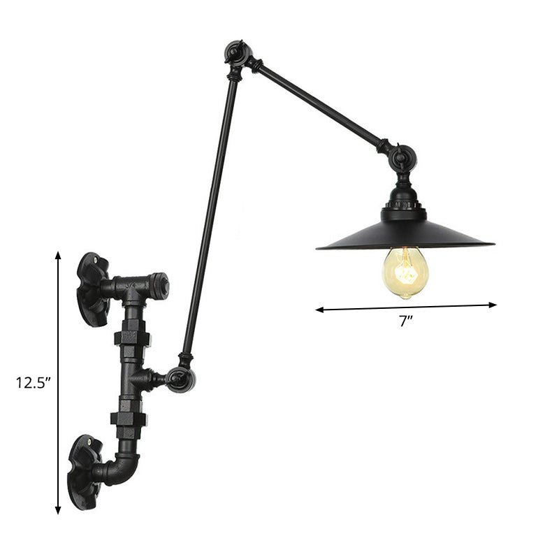Sikunuo | Cone/Flared Living Room Wall Lamp Industrial Iron 1-Light Black Rotatable Wall Lighting with Water Pipe Mount