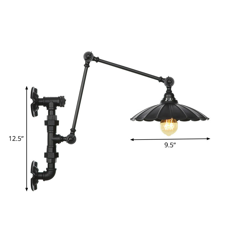 Sikunuo | Cone/Flared Living Room Wall Lamp Industrial Iron 1-Light Black Rotatable Wall Lighting with Water Pipe Mount