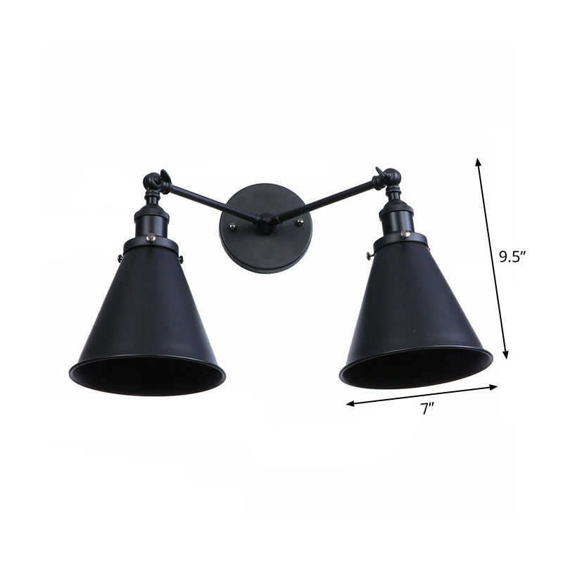 Sikunuo | 2 Lights Wall Mounted Lamp Retro Cone/Shell Pivot Shade Metal Wall Light in Black for Bathroom