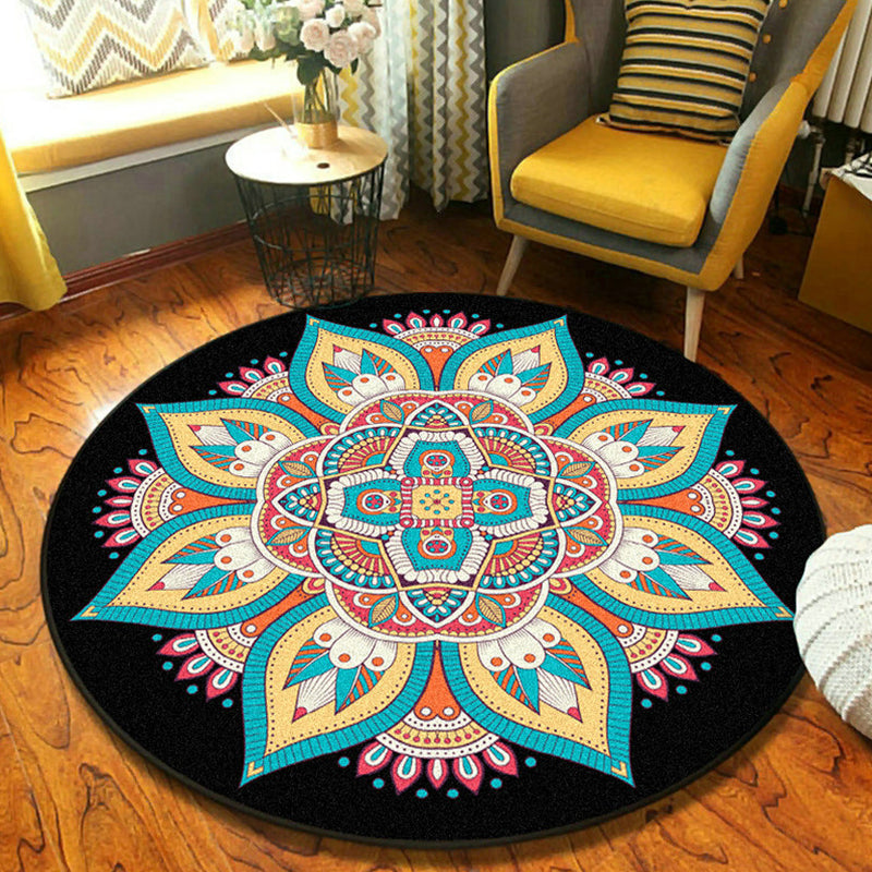 Sikunuo | Fancymandala-Rug Dark Color Moroccan Rug Polyester Pet-Friendly Rug for Living Room