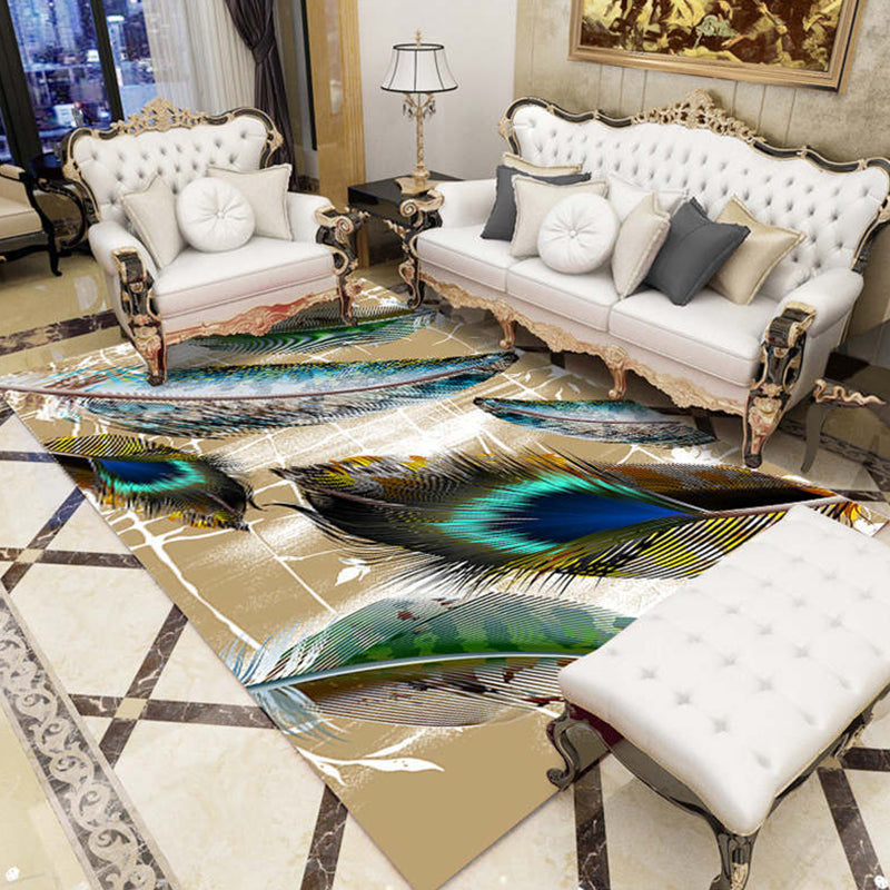 Sikunuo | Multi-Color Living Room Rug Tropical Leaf and Feather Design Rug Polyester Pet-Friendly Washable Non-Slip Rug