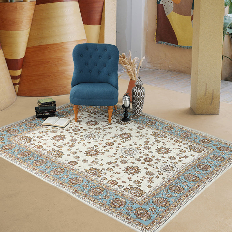 Sikunuo | Beige Vintage Carpet Polyester Flower Pattern Carpet Washable Pet-Friendly Non-Slip Back Carpet for Living Room