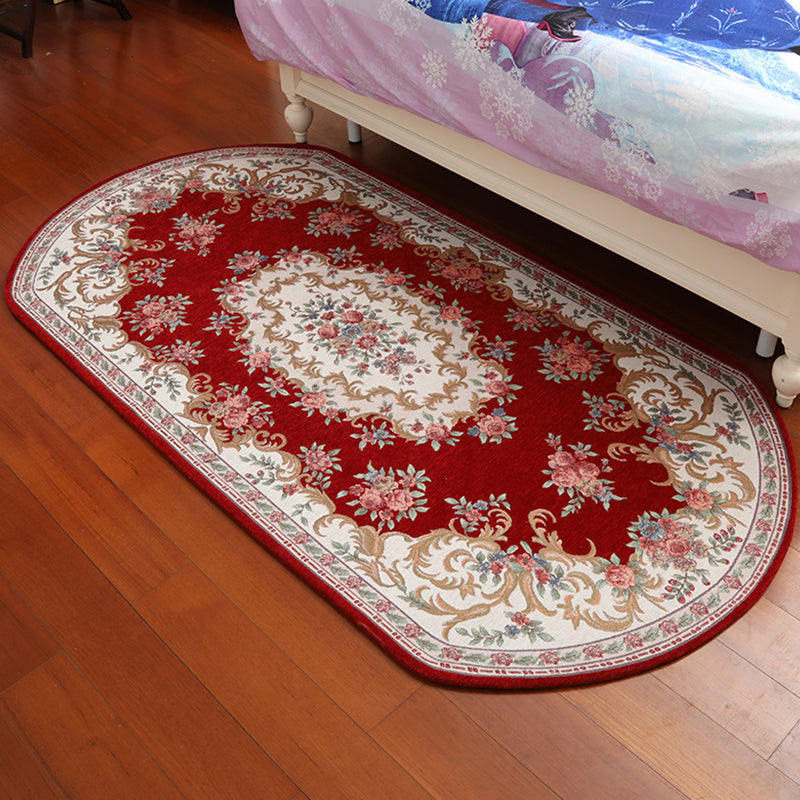 Sikunuo | Retro Flower Pattern Carpet Red and Black Polyester Indoor Carpet Washable Non-slip Back Indoor Carpet for Bedroom