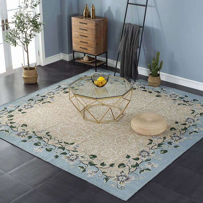 Sikunuo | Blue Living Room Carpet Vintage Leaf Pattern Indoor Carpet Polyester Pet Friendly Washable Non-Slip Back Carpet