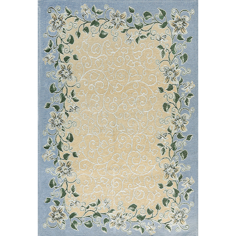 Sikunuo | Blue Living Room Carpet Vintage Leaf Pattern Indoor Carpet Polyester Pet Friendly Washable Non-Slip Back Carpet