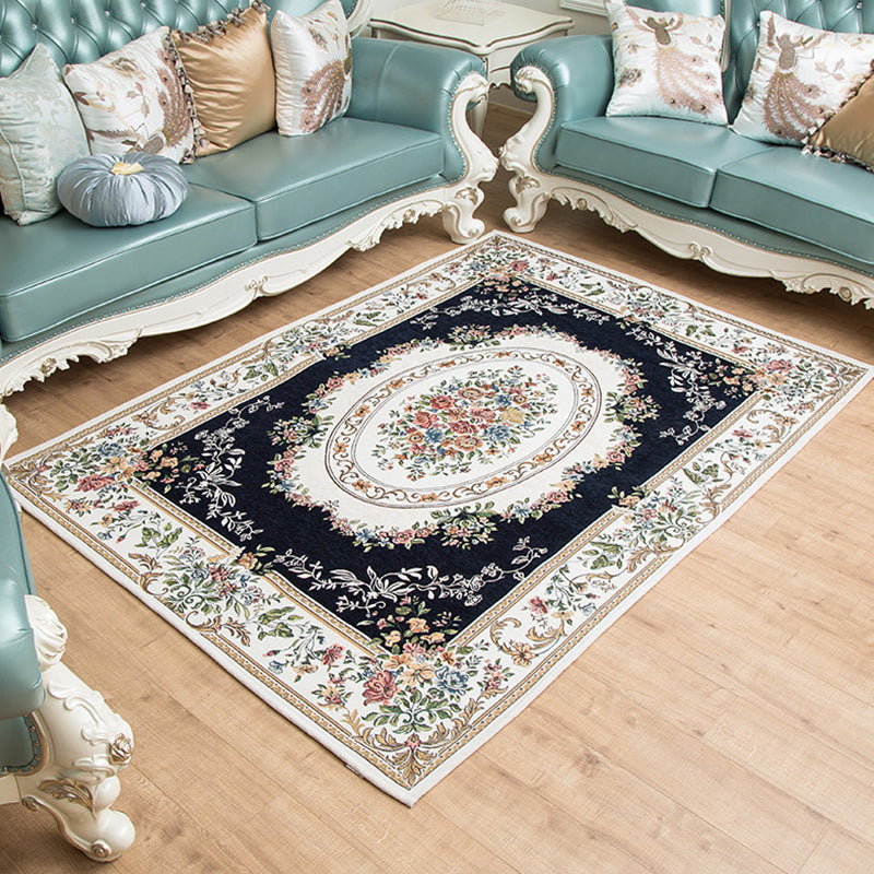 Sikunuo | Retro Bud Pattern Carpet Red and Blue Polyester Carpet Washable Non-Slip Back Indoor Carpet for Living Room