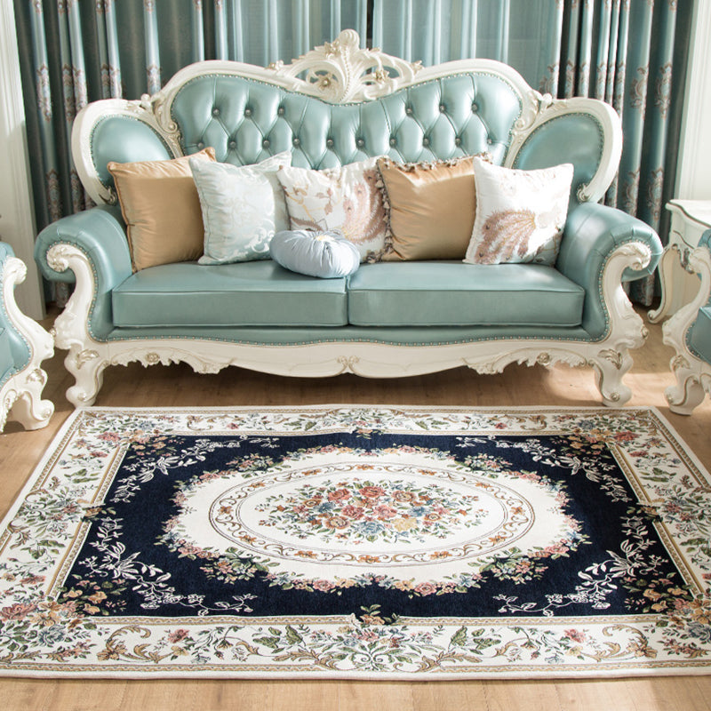 Sikunuo | Retro Bud Pattern Carpet Red and Blue Polyester Carpet Washable Non-Slip Back Indoor Carpet for Living Room