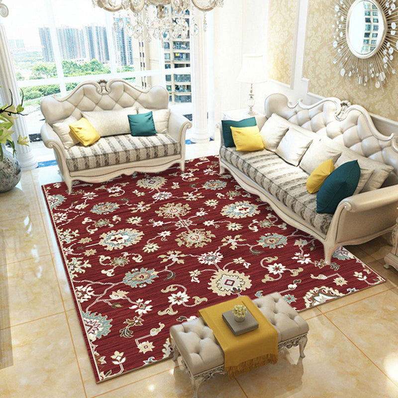 Sikunuo | Multicolored living room rug retro floral pattern rug polyester pet-friendly washable non-slip backing rug