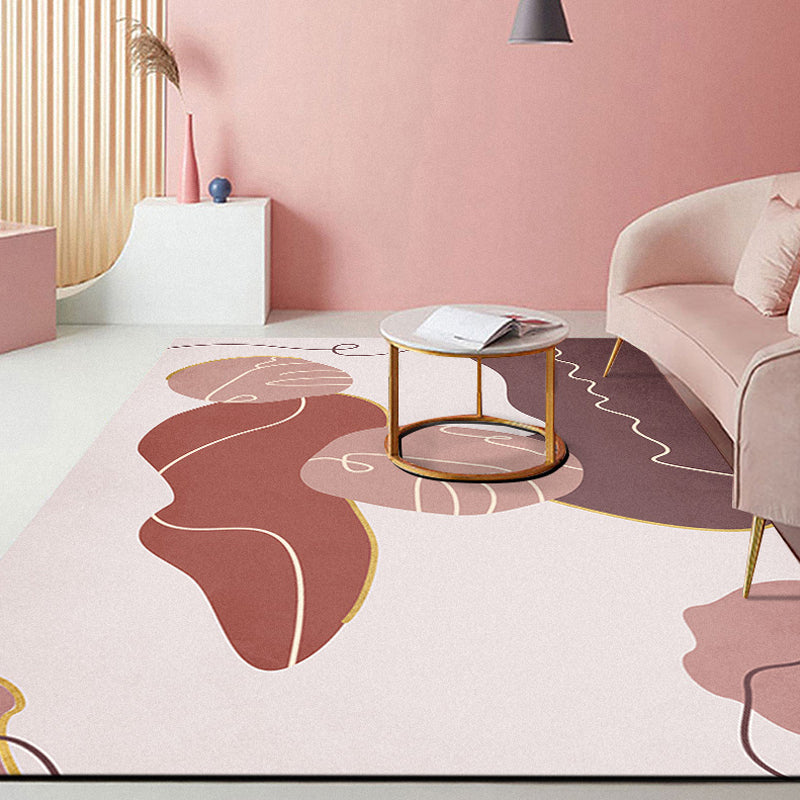Sikunuo | Modern Abstract Carpet Pink Polyester Area Rug Pet Friendly Washable Non-slip Back Area Rug for Living Room